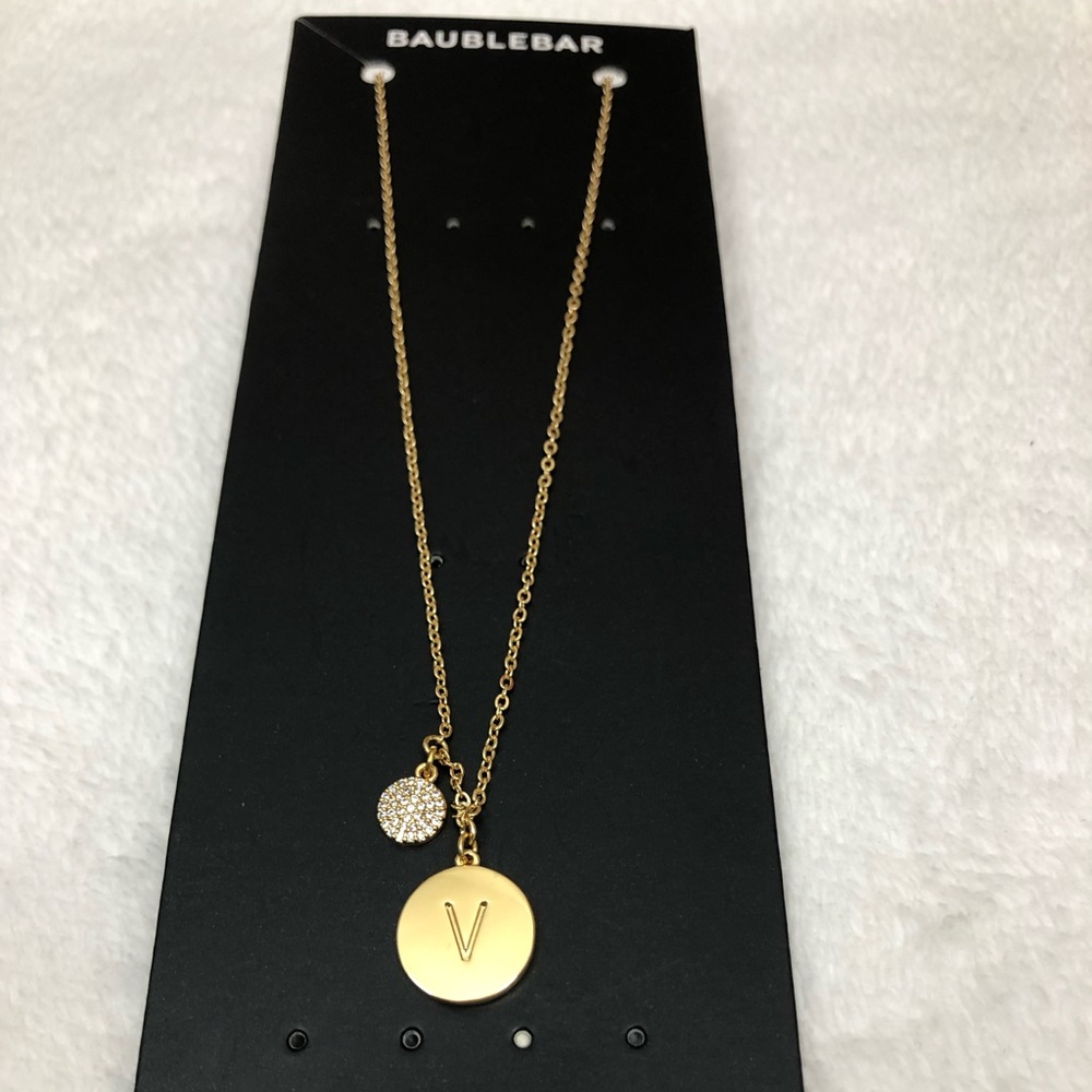 Baublebar Gold Initial “V” Necklace with pave disc Charm